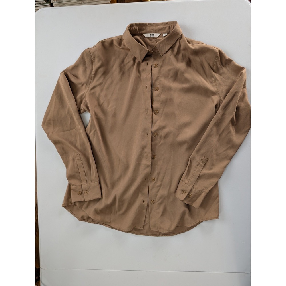 UNIQLO Camel Button Down Blouse Women Medium Rayon Blend Long Sleeve